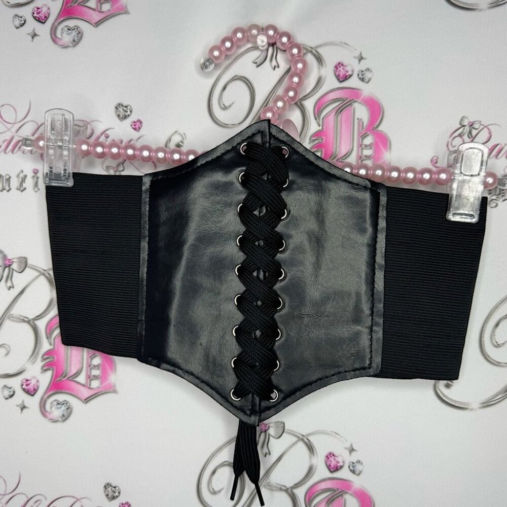 Corset belt waist cinch Velcro one size fits all black silver bustier lace up